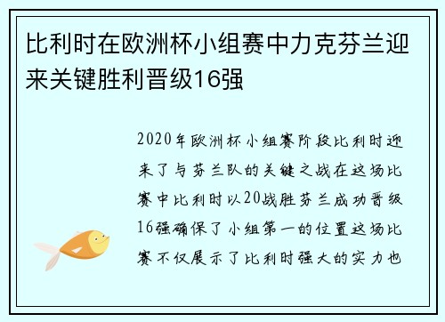 比利时在欧洲杯小组赛中力克芬兰迎来关键胜利晋级16强 比利时在欧洲杯小组赛中力克芬兰迎来关键胜利晋级16强